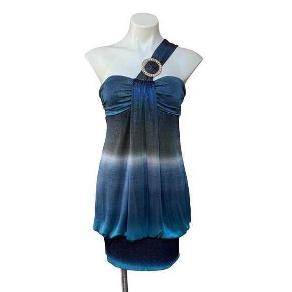 Vintage Y2K NEW Cocktail Bubble Dress Blue Ombre One Shoulder Large - Picture 1 of 9